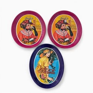 Vintage Coca-Cola Oval Metal Trays - Pink, Yellow & Navy - Set of 3